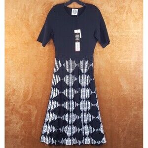 HAPPY SHEEP Womens Dress Medium Black Pleated Fit Flare Midi Diamond Knit